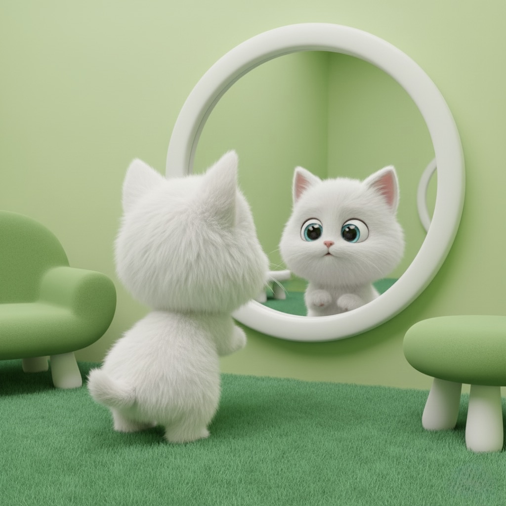 A cat looking at its reflection in a mirror.
