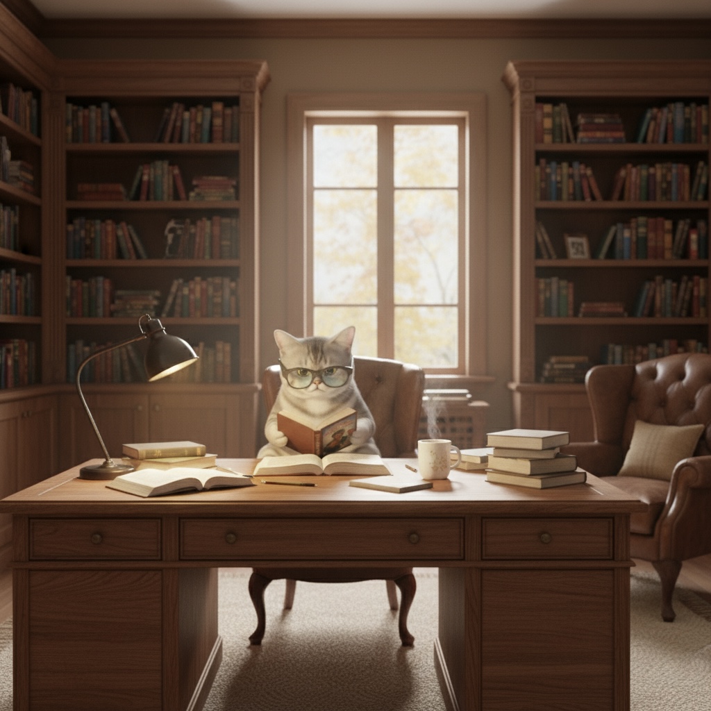 A cat reading in study.